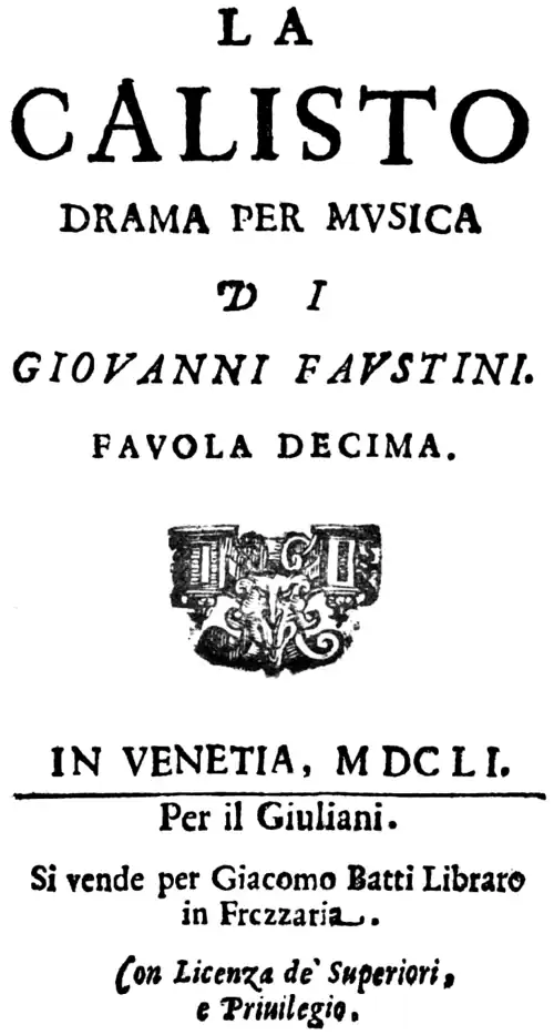 Francesco Cavalli - La Calisto - title page of the libretto - Venice 1651