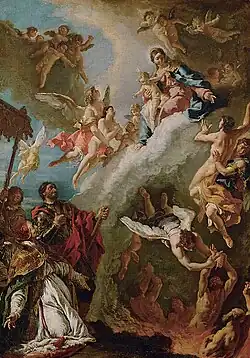 Papst Gregor I. und der hl. Vitalis bitten die Madonna für die Seelen im Fegefeuer, ca. 1730–1731, Öl auf Leinwand, 94 × 66&nbsp;cm, Kunsthistorisches Museum, Wien