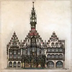 Entwurf zur Neugestaltung des Rathauses, ausgeführt wurde eine vereinfachte Form mit heute nicht mehr vorhandenem Frankfurter Adler.