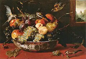 Gemälde „Stillleben mit Obstschale, Vögeln und Fensterausblick“ von Frans Snyders
