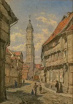 1879, Gemälde von Franz Alt: Blick durch eine Braunschweiger Gasse mit der St. Andreaskirche und der Alten Waage