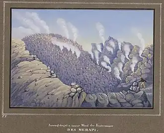 „Der Auswurfskegel und die innere Wand der Kratermauer des Merapi.“ Am rechten Bildrand hat Junghuhn sich selbst mit einem Stock dargestellt.