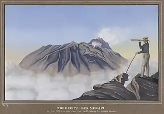 „Die Nordseite des Merapi, aus einer Höhe von 7500 Fuß vom südlichen Abhange des Merbabu gesehen. … Nov. 1836.“[154] Hier hat Junghuhn sich selbst mit einem Fernglas dargestellt.