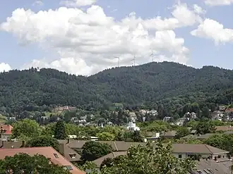 Blick vom Fahnenbergplatz in Freiburg auf den Roßkopf mit den Windrädern auf dem Gipfel. Dort befindet sich der Roßkopfturm (Aussichtsturm).