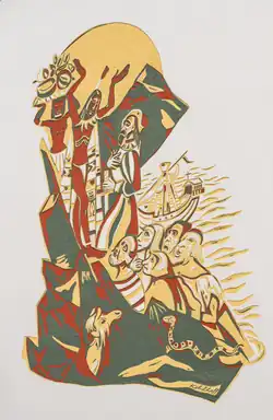 Das Foto zeigt das Wandbild mit Menschen an einer Wasserfläche; darunter sind Tiere