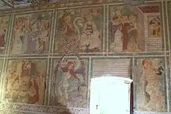 oben v.&nbsp;l.&nbsp;n.&nbsp;r.: Mariä Verlobung, Mariä Verkündigung, Mariä Heimsuchung unten v.&nbsp;l.&nbsp;n.&nbsp;r.: Der zwölfjährige Jesus im Tempel, der heilige Michael, der heilige Sebastian