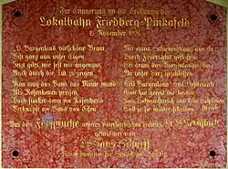 Bahnhof Friedberg, Gedenktafel zur Eröffnung (Gedicht von Ottokar Kernstock)