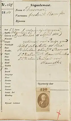 Friedrich Thesmar's mugshot in Amsterdam Archives at https://archief.amsterdam/indexen/deeds/0f974d12-dcbf-43dd-b78d-3502fc98c7e9?person=95a740a1-2a8c-4a53-e053-b784100ad337