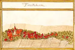 Die Ansicht ist spiegelverkehrt, da der Kirchturm geostet ist.