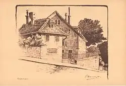 Das «Künstlergütli» mit dem ehemaligen Wohnhaus als «Wirtschaft zum Künstlergütli», Lithographie aus Malerische Winkel von Fritz Boscovits, Zürich 1905