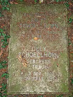 Fritz Schoellhorn-Sträuli (1863–1933) Unternehmer, Autor. 1890 Lilly, geborene Sträuli (2. Okt. 1868–20. Feb. 1933). Friedhof Rosenberg, Winterthur. Grabplastik von Hermann Hubacher (1885–1976)