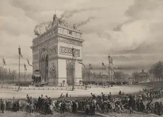 Napoleons Trauerwagen unter dem Arc de Triomphe während seiner Beerdigung am 15. Dezember 1840