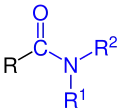 Allgemeine Struktur der Carbonsäureamide mit dem blau markierten Carbamoyl-Rest. R = H oder Organylgruppe