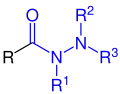 Allgemeine Struktur der Carbonsäurehydrazide mit dem blau markierten Hydrazinocarbonyl-Rest. R = H oder Organylgruppe