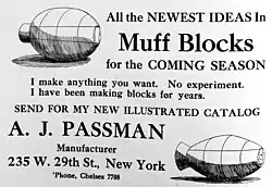 Anzeige des Muffblockherstellers A. J. Passman, New York mit einseitiger Handlochfortführung, die ein Aufstellen zum Trocknen ermöglicht (1914)