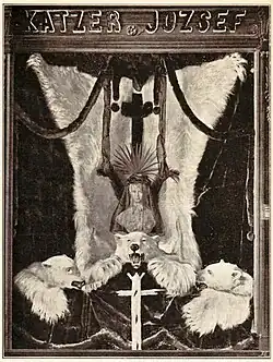 Eisbärfelle im Schaufenster der Firma Joszef Katzer Kgl. Hoflieferant Budapest, anlässlich der Trauerfeier für Kaiserin Elisabeth von Österreich-Ungarn (1898)