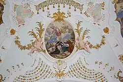 Franziskus und Dominikus, Maria und Dreifaltigkeit vor dem Chorbogen