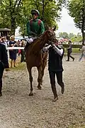 Die drittplatzierte Stute Ebaiyra mit Jockey Christophe Soumillon beim Verlassen des Führrings