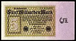 5 Mrd. Mark (5.000.000.000 Mark) 10. September 1923 (Wert ca. 50 Mark von 1914)