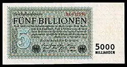 5 Bio. Mark (5.000.000.000.000 Mark) 1. November 1923 (Wert ca. 50 Mark von 1914) (Wert 5 Rentenmark – Wechselkurs 15.&nbsp;November 1923)