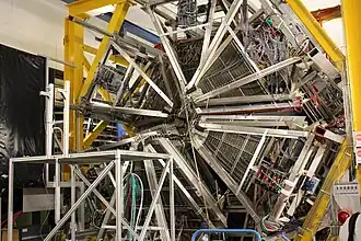 Rückwärtige Ansicht des HADES-Detektors. TOF-Detektor und Driftkammern sind in den Dreiecken angebracht.