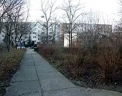 Gadebuscher Weg an einer Schule, rechte Seite: ein Schulgarten