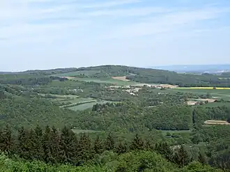 Blick vom Hochsimmerturm vorbei an den Rodder Höfen mit Steinbruch nordwärts zum Gänsehals mit Gänsehalsturm