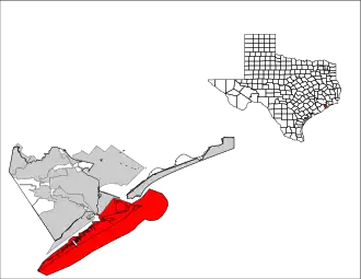 Lage von Galveston im Galveston County (links) und in Texas (rechts)