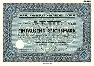 Aktie über 1000 RM der Garbe, Lahmeyer & Co AG vom August 1942