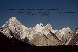 Die Westseiten von Gasherbrum IV, VII, V und VI (v. l. n. r.) vom Baltoro-Gletscher aus