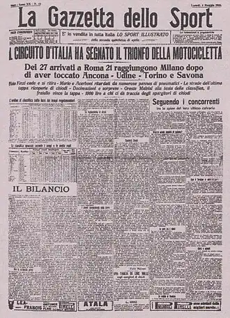 Die «La Gazzetta dello Sport», vom 4. Mai 1914, mit einem ganzseitigen „Aufmacher“ zum Giro Motociclistico d’Italia.