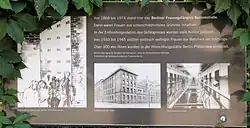 Tafeln mit Außen- und Innenansicht des Gefängnisses, einer Zeichnung von gefangenen Frauen beim Hofgang und einem erläuternden Text