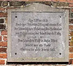 Gedenktafel für Kapitän Pflug zum Jahr 1631 nach der Belagerung durch Tillys Truppen
