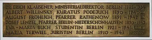 Gedenktafel der Martyrer der NS-Zeit in der Krypta der St. Hedwig-Kathedrale in Berlin-Mitte