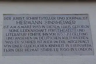 Gedenktafel über Hermann Sinsheimer am Geburtshaus