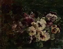 Gemälde mit lilafarbigen und weißen Stiefmütterchen. Zu erkennen sind nur die Blüten, Stiele und Hintergrund verschwimmen in einem dunklen Grünton.