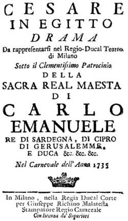 Geminiano Giacomelli – Cesare in Egitto – Titelseite des Librettos – Mailand 1735