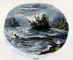 „Stromschnellen in Nordamerika“, kolorierter Holzstich von Charles Whymper