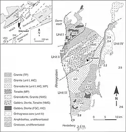Geologische Karte des Odenwald-Kristallins (aus: Altherr, 1999)[30]