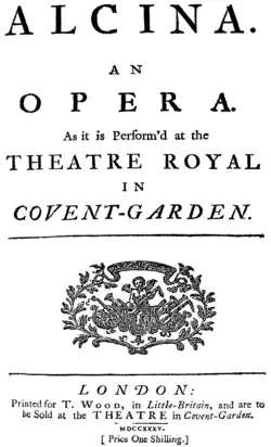 Georg Friedrich Händel – Alcina – Titelseite des Librettos – London 1735