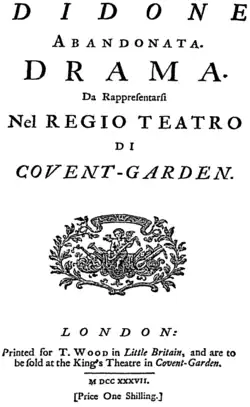 Georg Friedrich Händel – Didone abbandonata – Titelseite des Librettos – London 1737