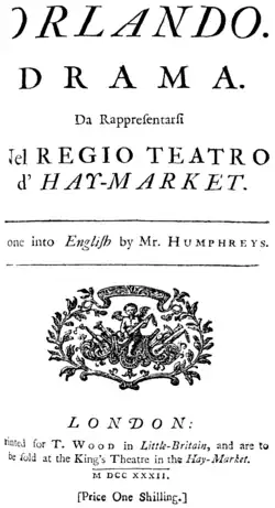 Georg Friedrich Händel – Orlando – Titelseite des Librettos – London 1732