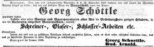 Anzeige zur Eröffnung des Baugeschäfts, 1859.