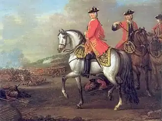 Gefallene Musketiere zu Füßen von Georg II. von Großbritannien in der Schlacht bei Dettingen (National Army Museum)