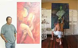 Zusammengesetztes Bild: George Simon mit seinem Bild Bimichi I und bei der Arbeit an seinem Bild Bimichi II