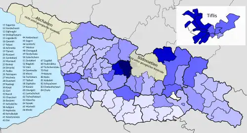 Relativer Stimmenanteil für den Georgischen Traum: ﻿>10–20 % ﻿>20–30 % ﻿>30–40 % ﻿>40–50 % ﻿>50–60 % ﻿>60–70 % ﻿>70–80 % ﻿>80–90 % ﻿>90 %