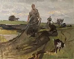 Netzflickerinnen mit Ziege in den Dünen, o. Dat., Öl auf Leinwand, auf Pappe aufgezogen, 35 × 44&nbsp;cm, Museum Kunst der Westküste, Alkersum