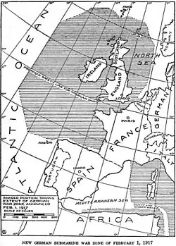 U-Boot-Kriegsgebiete, die von Deutschland im Februar 1915 bzw. Februar 1917 erklärt wurden.