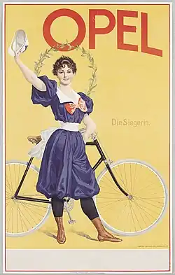 Fahrradfahrerin in damals moderner Fahrradhose (1898)