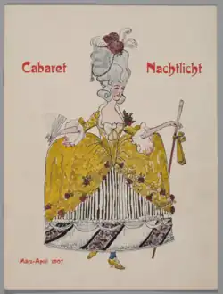 Karikatur von Carl Leopold Hollitzer in Zusammenhang mit dem Auftritt von Gertrude Barrison im Nachtlicht Nachtclub, 1907.